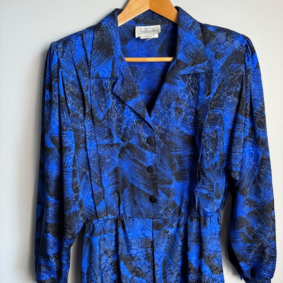 Silhouettes Women's Vintage Satin 1/2 Button Midi Dress Blue/Black 16 Formal 80s - Picture 3 of 16